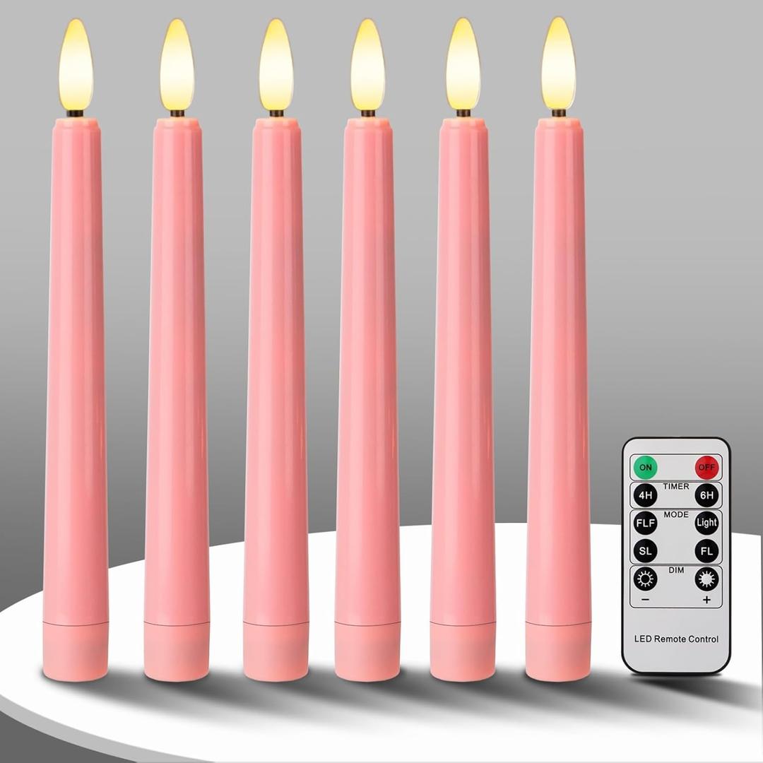 FREEPOWER Pink LED Taper Candles with Remote Flameless Battery Operated Window Candles with 3D Black Wick& Cycle Timer for Table Centerpieces, Christmas and Home Decor, Pack of 6