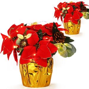 Zeyune 2 Packs Poinsettias Artificial Flowers for Outdoors 11'' Faux Artificial Flowers Bouquet with LED Vase Centerpiece Gifts for Office Home Table Garden Porch Patio Indoor Decor(Red)