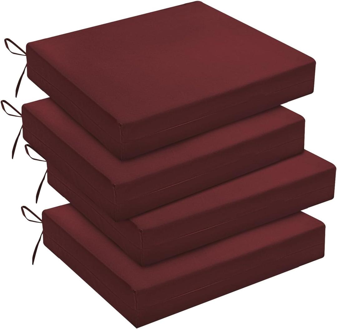 4 x downluxe Outdoor Chair Cushions Set of 4 for Patio Furniture, Water-Resistant Square Corner Patio Chair Cushions with Ties, High Density Foam Outdoor Seat Cushion, 18.5" X 16" X 3", Burgundy