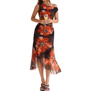 BerryGo Women Summer One Shoulder Maxi Dress Floral Ruched Mesh Bodycon Asymmetrical Date Night Formal Wedding Guest Dress (M)
