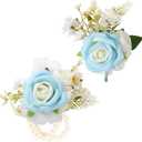 Wrist Corsage and Boutonniere Set, Artificial Rose Corsage Wristlet and Boutonniere for Wedding Prom Party (Light Blue 1 Boutonniere&1 Wrist Corsage)