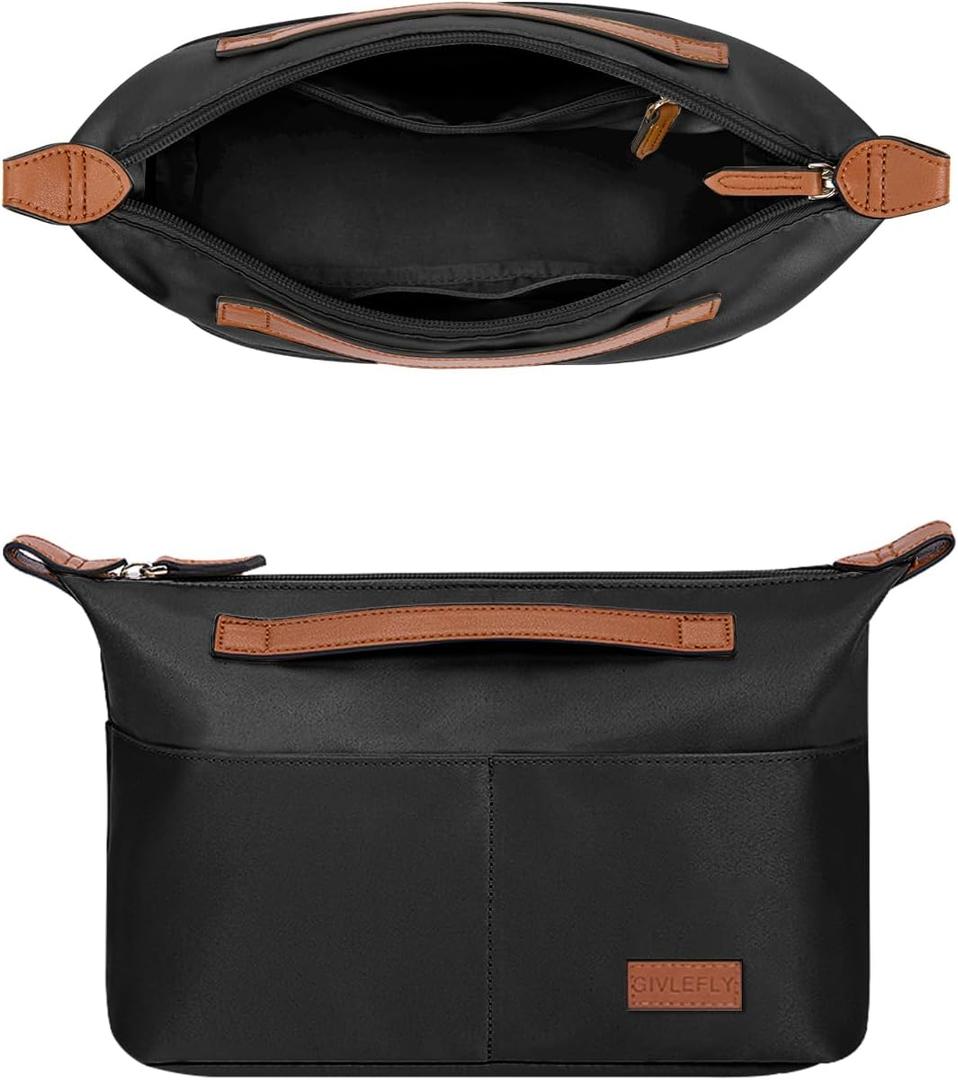 GIVLEFLY Medium Purse Organizer Insert with Zipper, Lightweight Handbag Organizer Insert with Handle, Multiple Pockets for Small Items, Bag Organizer Insert for Tote & HandbagsBlack