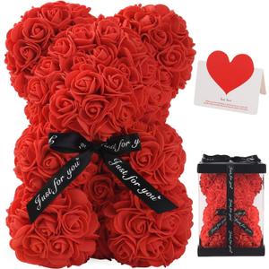 LINKLO Rose Bear Rose Teddy Bear -10 inch Artificial Rose Flower Bear, Gift for Wedding, Mothers Day and Anniversary, Including Transparent Gift Box(Red)