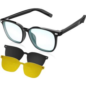 Smart Bluetooth Glasses for Men & Women, Magnetic Lenses 3-in-1(Blue Light Blocking/UV400/Night Vision), Auto On/Off, Call/Music, IP65 Waterproof, Wireless Audio Stylish Eyewear for Driving/Working (CLEAR)
