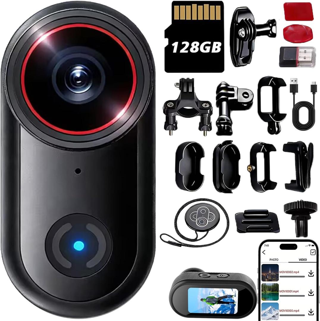 4k Sports Action Camera, Mini Body Camera with Audio and Video Recording, Wearable Action Body Cam, Thumb Size Pov Camera Magnetic Back Clip, Camcorder for Cycling,Travel,Pet,Vlogging (128 GB)