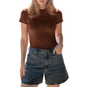 BAMBOO COOL Women's Skin-Tight Soft T-Shirts Short Sleeve Slim Fit Tops for Women Cute Basic Tees (Brown, XL)