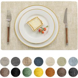 Romanstile Vinyl Placemats Set of 8-12 X 17 Inch - Faux Leather 100% Waterproof Oil-Proof Wipeable Place Mats, Heat Resistant Reversible PU Table Mats for Kitchen Dining Party Outdoor, Beige