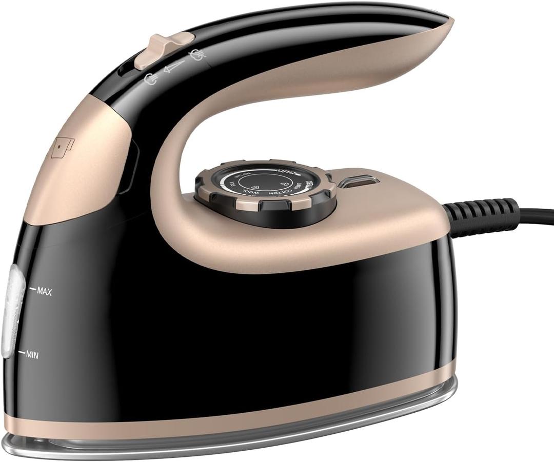 MIYOKO Mini Steam Iron for Clothes, 1000W Portable Small Iron, with Non-Stick Soleplate, 25G/Min High Speed Steams, 90ML Water Tank, 110-120V for Home Travel Sewing and Quilting, Black & Gold