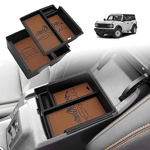 TripleAliners Center Console Organizer Compatible with 2021-2024 Ford Bronco(no for Sport) Accessories Bronco 2/4-Door Center Console Storage Box ABS Material with Leather Trim(V2_Brown)Won't Fit 2025