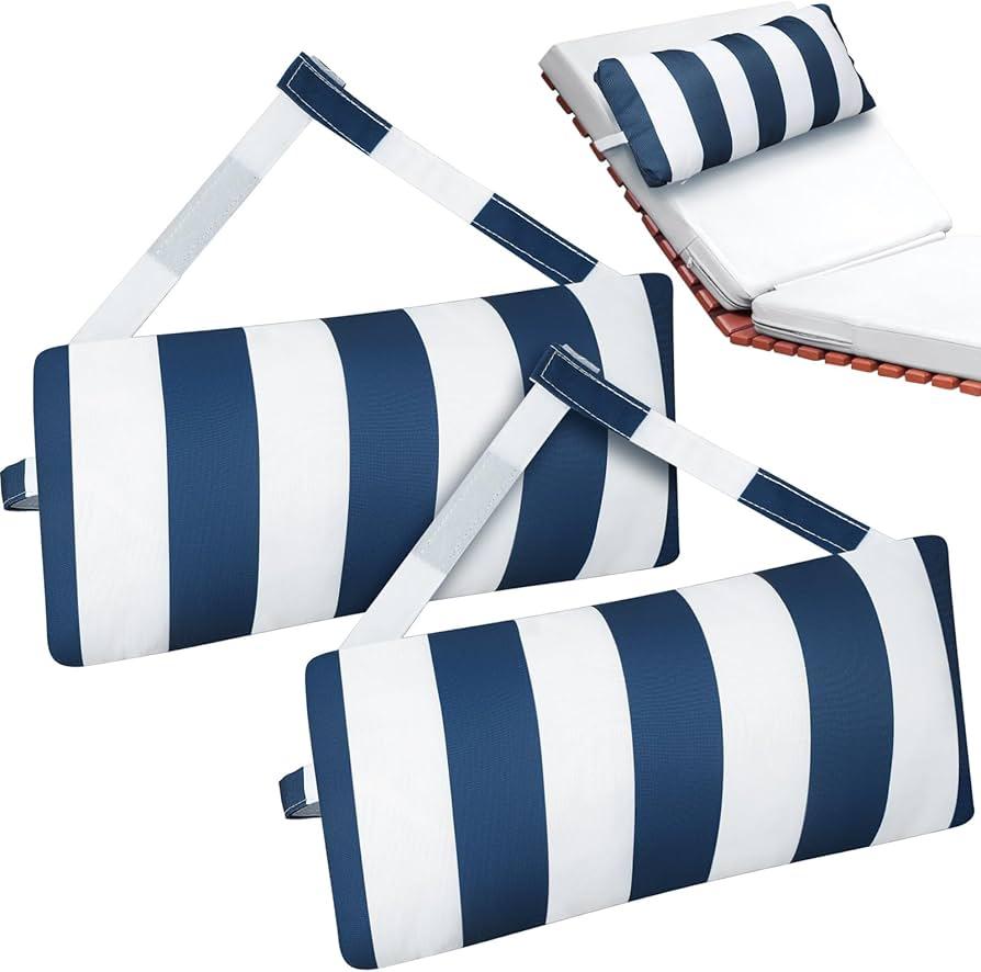 Ripeng 2 Pcs Headrest Pillow Pool Furniture Lounge Chair Pillows Patio Furniture with Adjustable Elastic Tape Band Head Support for Pool Patio Chairs Beach(Blue and White)