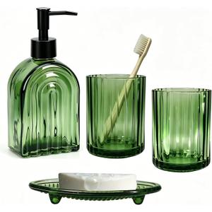 Green Glass Accessories Set, 4PCS Bathroom Set Include 13.5oz Lotion Soap Dispenser, Toothbrush Holder, Tumbler & Soap Dish, Modern Countertop Vanity Organizer Set for Home & Hotel Decor