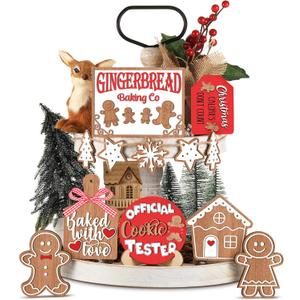 Jetec 12 Pcs Christmas Tiered Tray Decor, Gingerbread, Gingerbread House, Snowflakes, Baking Wooden Sigen Rustic Farmhouse Christmas Tabletop Centerpiece for Home Table Shelf