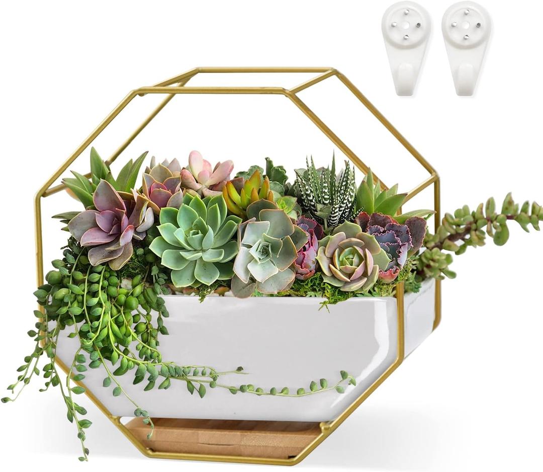 Succulent Planters 73.5 Inch Decorative Ceramic Flower Plant Pots with Metal Holder Hanging and Place Dual-Purpose Garden Planter Pot with Drainage and Saucer for Indoor Home Office Desktop