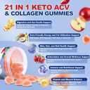 21 in 1 Keto ACV & Collagen Gummies, Sugar Free Apple Cider Vinegar Gummies with Biotin, Probiotics, Vitamins for Healthy Hair, Skin, Nails & Digestive Support, Apple Flavored, 90 Count, Best Before: 2027/03/28