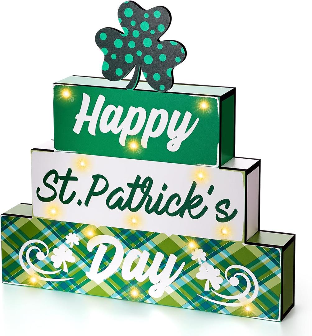St Patrick's Day Decor Wooden Sign 13 LED Lights Happy St Patrick's Day Light up Wood Block Set Farmhouse Battery Operated Lucky Decorations for Table Mantle Centerpiece Tiered Tray Gifts