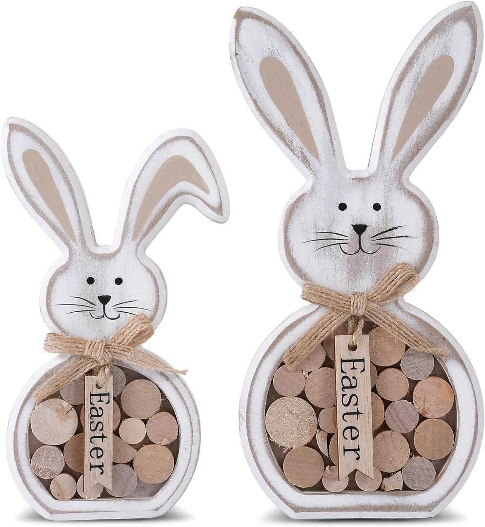 Easter Decorations, 2Pcs Easter Table Decorations for home,Farmhouse Retro Wooden Bunny with Easter Sign Tiered Tray Decor for Fireplace Tabletop,Rustic Spring Party Outdoor Indoor Decor,Easter Gifts for Kids (White)