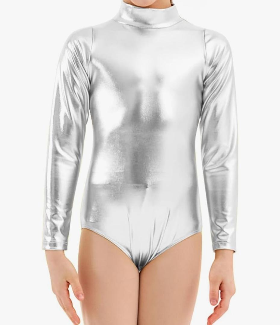 Girls Metallic Unitard Toddler Sparkly Tumbling Gymnastics Dance Leotard Mock Neck Long Sleeve Zipper Back Bodysuit Small