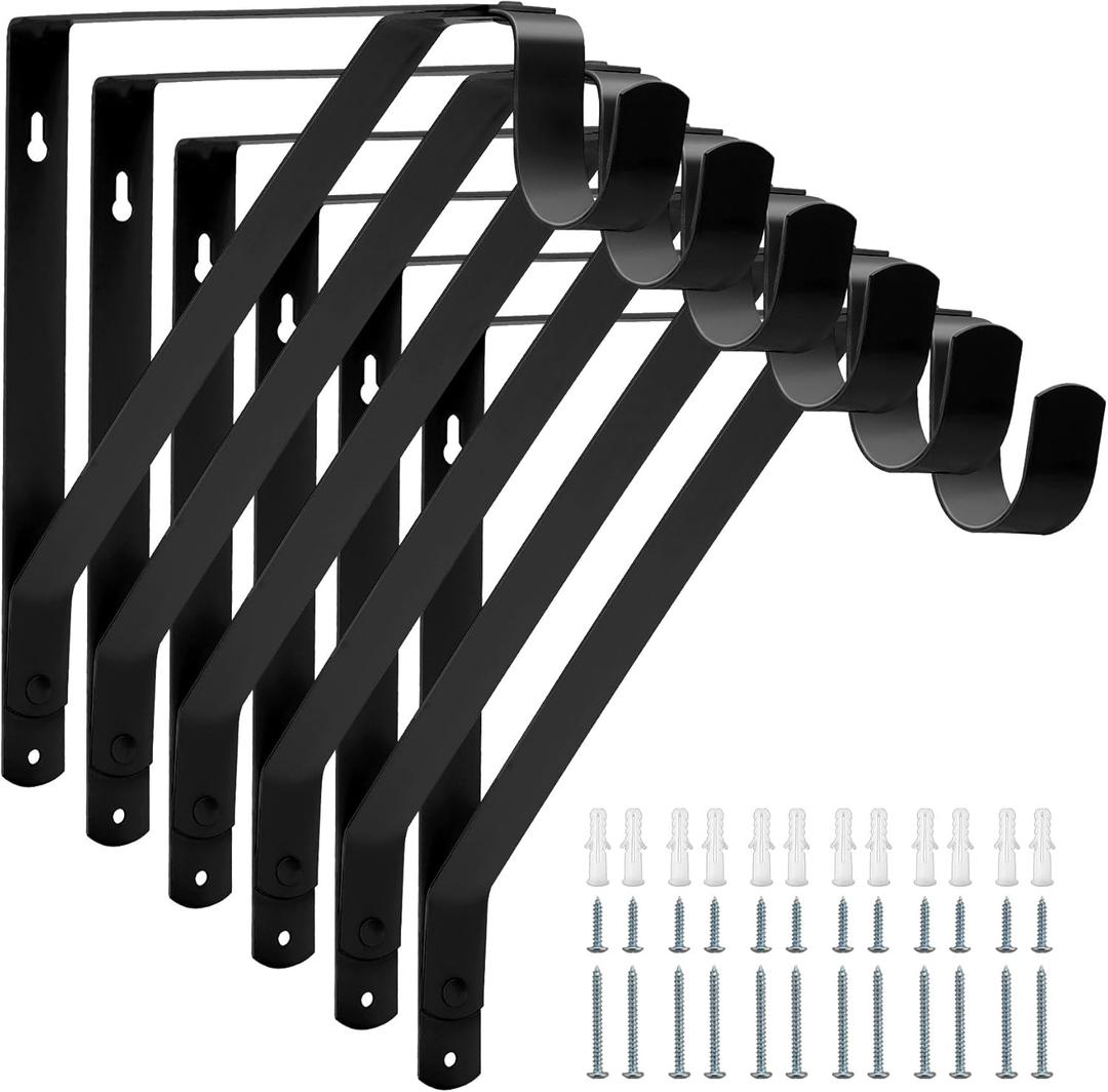 Closet Rod Bracket Heavy Duty Total Up to 300 lbs (6-Pack)- Wall Mounted Shelf Supports for Closet, Garage, Laundry, Rust-Proof Metal with Screws & Anchors, Black