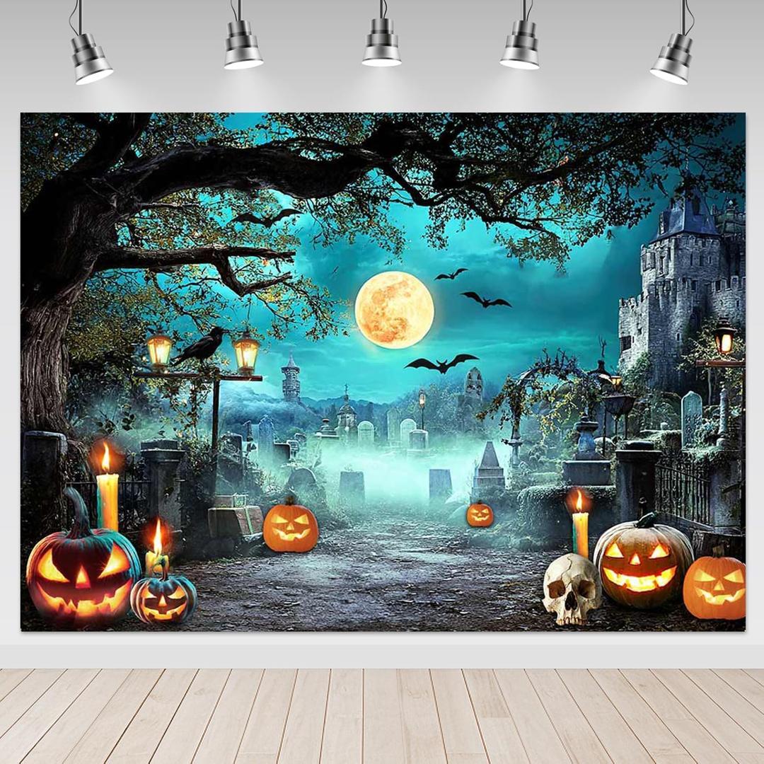 Mocsicka 8x6ft Halloween Photography Backdrop Scary Night Cemetery Background Graveyard Full Moon Horrible Scary Pumpkin Nightmare Party Hallowmas Decor Photobooth Props