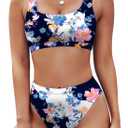 Pink Queen Women High Waisted Bikini Sporty Crop Top High Cut Bathing Suit Sporty 2 Piece Swimsuits Floral Navy 2XL