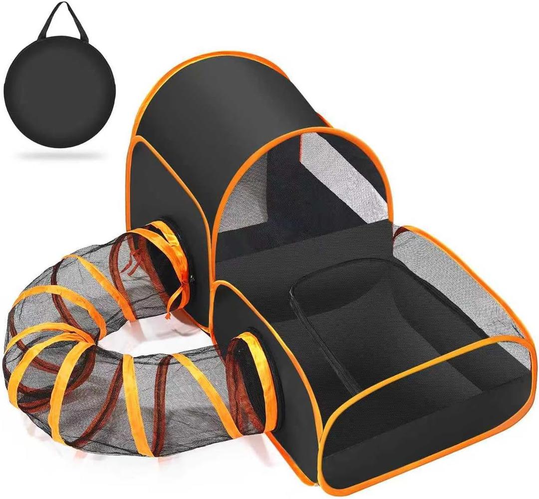 Portable Cat Playpen with Surround Tunnel, 2-Linked-Enclosed Areas, Ideal Cat Tent Outdoor or Cat Playpen for Indoor Cats Enclosed.Breathable Mesh Design for Indoor & Outdoor Use(Black)