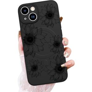 OOK Black Floral case for iPhone 15 Case [Compatible with MagSafe], Cute Sunflower Floral Blooms Design Soft TPU Shockproof Protective for Women Girls Slim Magnetic Phone Cover