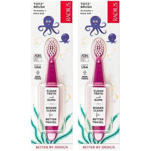 RADIUS Totz Toothbrush Extra Soft Brush BPA Free & ADA Accepted Designed for Delicate Teeth & Gums for Children 18 Months & Up - Pink Sparkle - Pack of 2