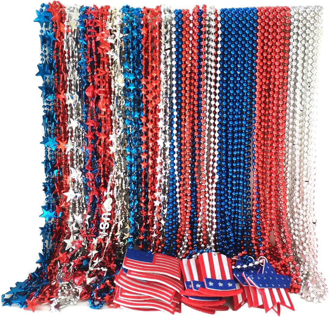 100 Pcs 4th of July Bead Necklaces, Blue Red Silver Patriotic Beaded Necklaces Parade Necklaces Bulk For Independence Day, 4th of July Decoration, Veteran Day Decor
