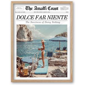 iHery Natural OAK Wood Newspaper Trendy Framed Wall Art, Large Beige 16x20 in Dolce Far Niente Vintage Headline Canvas Wall Art, La Dolce Vita Italian Summer Bedroom Wall Decor Living Room 1Pack