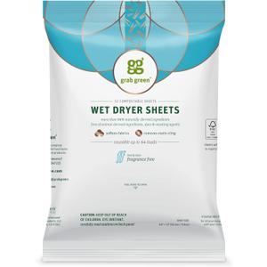 Grab Green Natural Wet Dryer Sheets, Unscented/Free & Clear, Fabric Softener & Static-Reducer, 64 Loads, Reusable & Compostable, Fragrance Free (64 Count (Pack of 1))