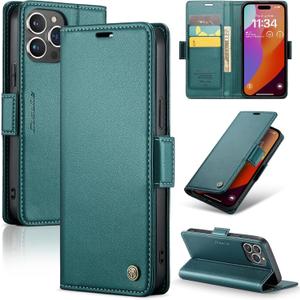AUPAI for iPhone 14 Pro Wallet Case with Credit Card Holder, PU Leather RFID Blocking Folio Flip Kickstand Magnetic Clasp Protective Phone Cover for Women Men 6.1 Inch Cyan