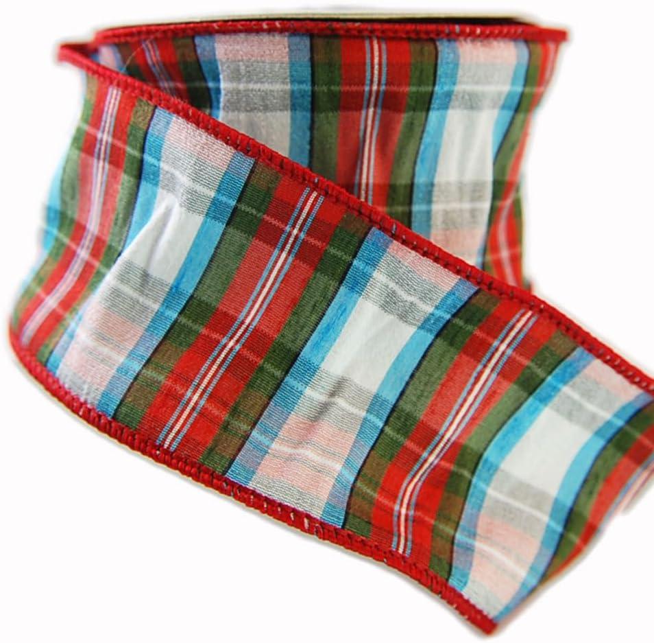 Wire Edged Sheltand Red, Green, White and Aqua Plaid Dupioni Ribbon 2 1/2" - 10 Yards
