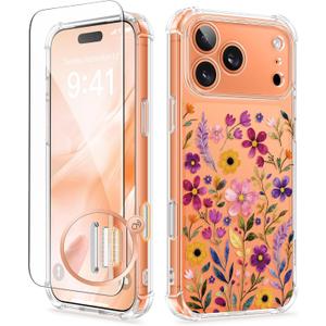 GVIEWIN for iPhone 17 Pro Case with Screen Protector, Upgraded [Full Camera Protection] [Non Yellowing] Floral Slim Shockproof Clear Women Phone Cover for iPhone 17 Pro 6.3" (Wild Bloom/Colorful)
