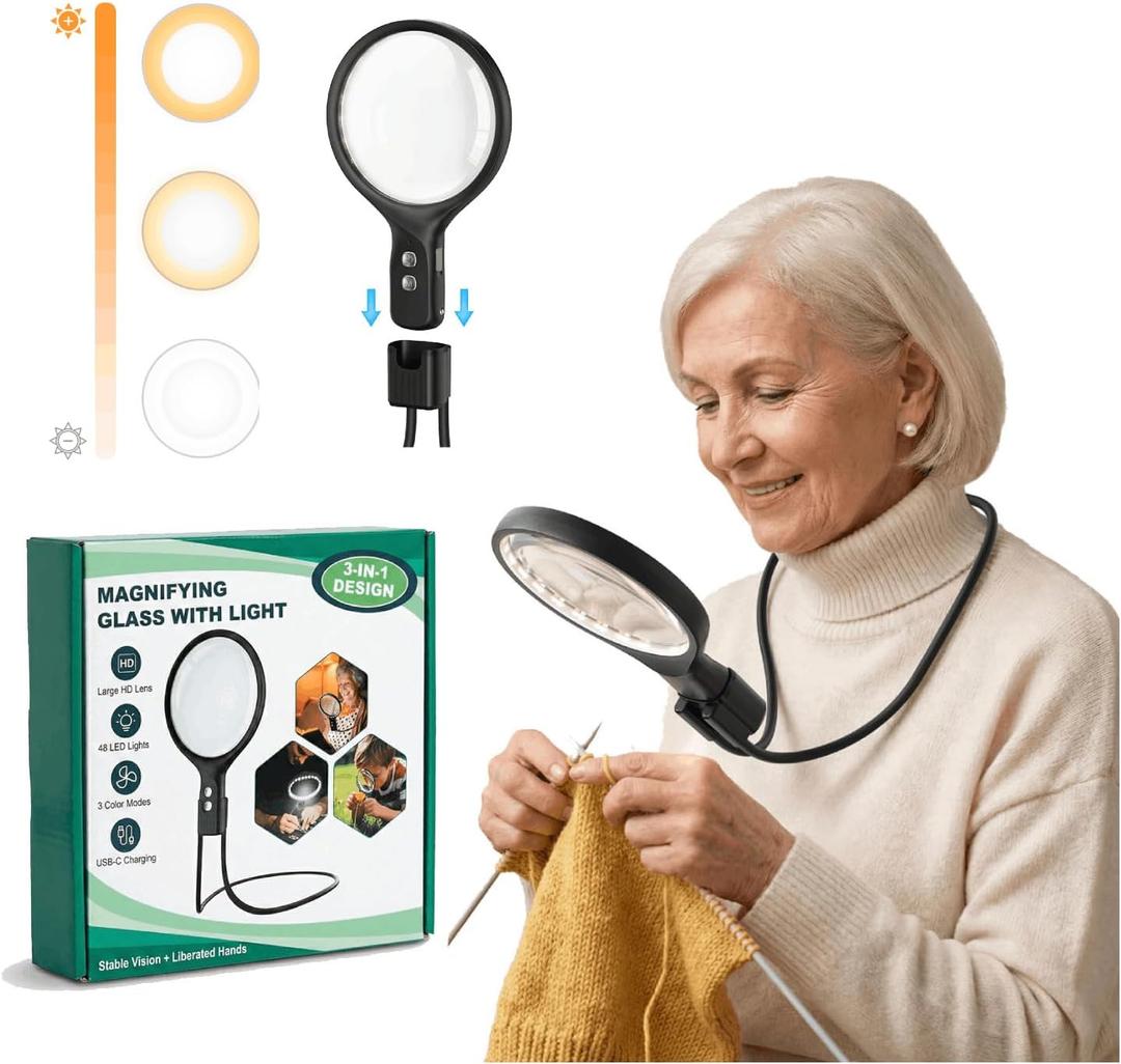 Magnifying Glass for Reading with 48 LED Lights 3 Color Modes, Neck Magnifier Hands Free, 5X/10X Magnifiers for Seniors for Close Work Repairing Reading Sewing (Black)