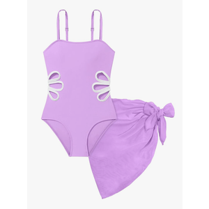 Girls Swimsuit, Adjustable Straps Cut Out One Piece Bathing Suit with Solid Color Cover Up Skirt Girls' Swimwear, Size 15-16Y