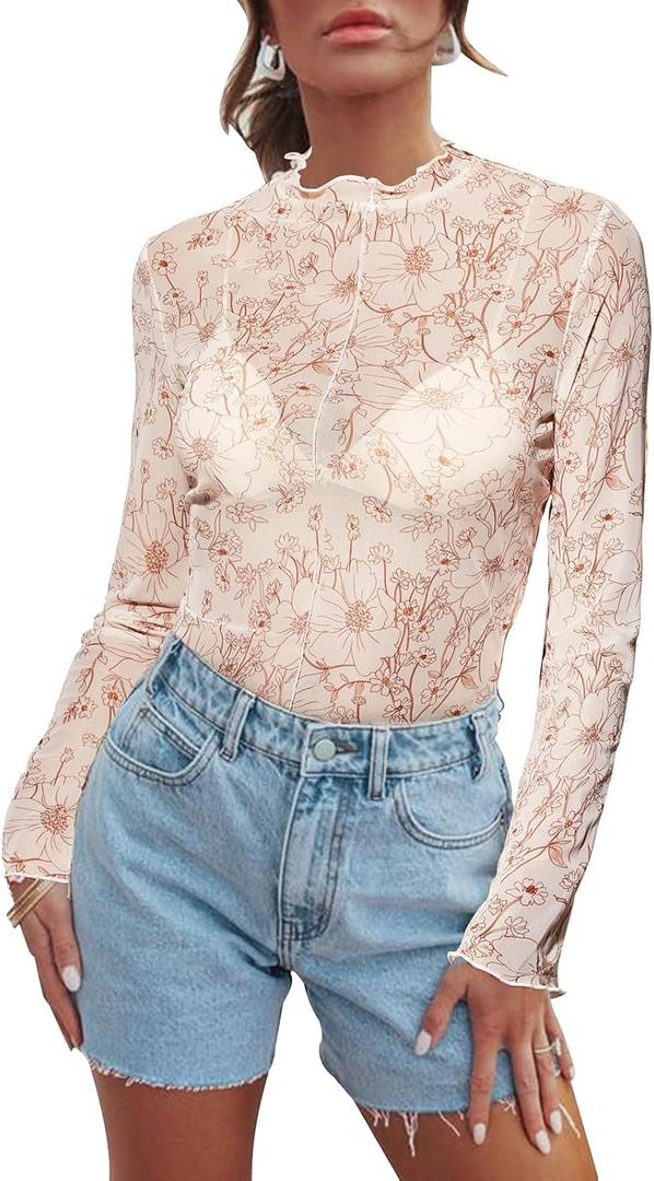 Women's Sheer Floral Long Sleeve Layering Top Ruffled Mock Neck Sheer Blouse for Casual Brunch Party Club Night Date Outfits (XL)
