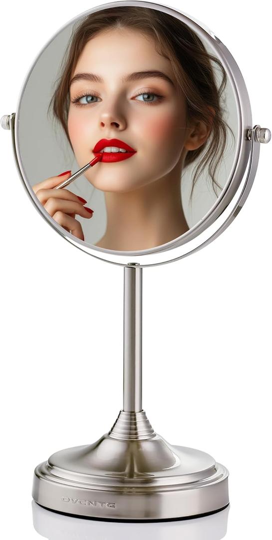 OVENTE 7'' Tabletop Makeup Mirror with 1X/7X Magnification, 360 Swivel Design and Double-Sided Free-Standing Vanity Mirror Perfect for Dresser, Bedroom and Office Desk, Nickel Brushed MNLCT70BR1X7X