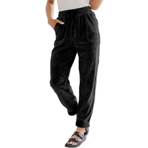EVALESS Corduroy Pants for Women Casual Drawstring Elastic High Waist Straight Leg Pants Loose Comfy Trousers with Pockets (Large, 1b1 Black)