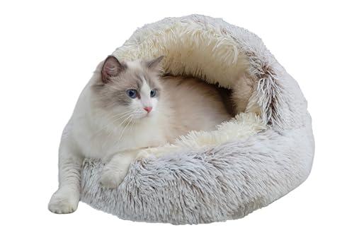 ZaneSun Calming Round Dog Beds &Cat Cave Bed with Hooded Cover,Plush Fluffy Dog Bed Anti-Anxiety Cat Cave Bed,Waterproof Bottom Washable (Coffee, 25.6X 25.6inch)