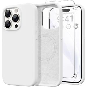 GONEZ Magnetic for iPhone 15 Pro Max Case, [Compatible with MagSafe] Anti-Scratch Microfiber Lining & Screen Protector, Shockproof Slim Phone Silicone Cover 6.7 inch, White