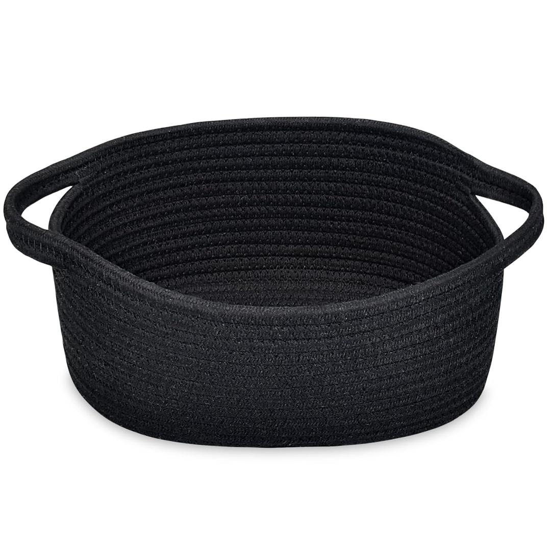 ABenkle Small Basket with Handles - Decorative Durable Rope Woven Storage Bin Shelf Storage Organizer Cube, Easter Baby Gift Basket, 12"x8"x5", Black