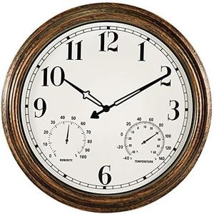 16 Inch Large Outdoor Wall Clock,Waterproof Vintage Non-Ticking Clock with Thermometer and Hygrometer Combo,Battery Operated Clock Wall Decorative- Bronze