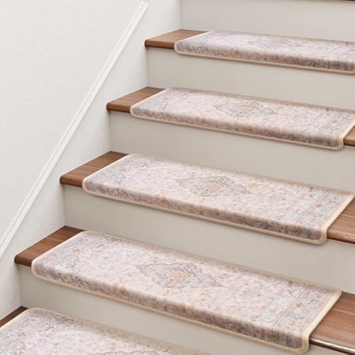 Brakki Bullnose Stair Treads for Wooden Steps, Non Slip Stair Carpet for Indoor Runner and Pets, Soft Edging Staircase Protectors Reusable, Washable, 29.5"x9.5"x1.5" 14pcs, Beige Pink: Amazon.com: Tools & Home Improvement