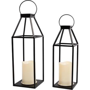 HPC Decor 2PCS Solar Lanterns for Outdoor Decor- 18in 15in Black Metal Candle Lanterns w/Waterproof Solar Powered Candles- Modern Farmhouse Hanging Lanterns Decor for Front Porch,Yard Garden Patio