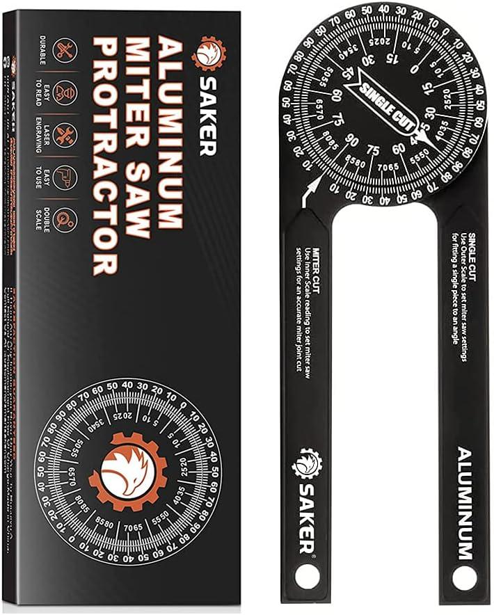 Saker Miter Saw Protractor|7-Inch Aluminum Protractor Angle Finder Featuring Precision Laser-Inside & Outside Miter Angle Finder for Carpenters, Plumbers and All Building Trades (Black)