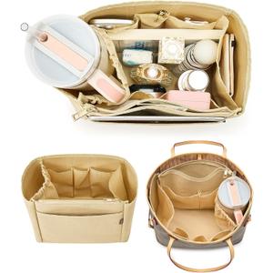 Tote Bag Organizer Insert with Stanley Cup Holder and Zipper Bag, Compatible with Neverfull, Saint Louis and More, 9 Pockets (Beige, Large)