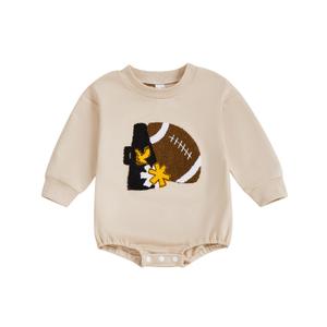 Kuriozud Newborn Baby Boy Girl Football Outfit Game Day Sweatshirt Romper Bubble Romper Top Infant Fall Winter Clohtes Football Eagle Beige, 12-18 Months (Beige)