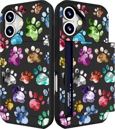 IWONE Compatible for iPhone 16 Case Cute with Card Holder Shockproof Slim Slot Phone Wallet Cover for Women/Colorful Doodle Paws Dog Craws Footprints Animal Watercolor, Pack 4