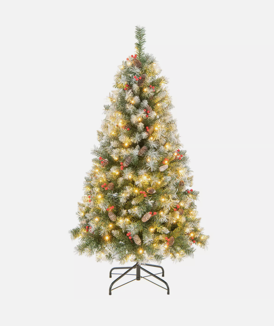 5 FT Artificial Christmas Tree Hinged w/ 200 Warm LED Lights & 126 Red Berries