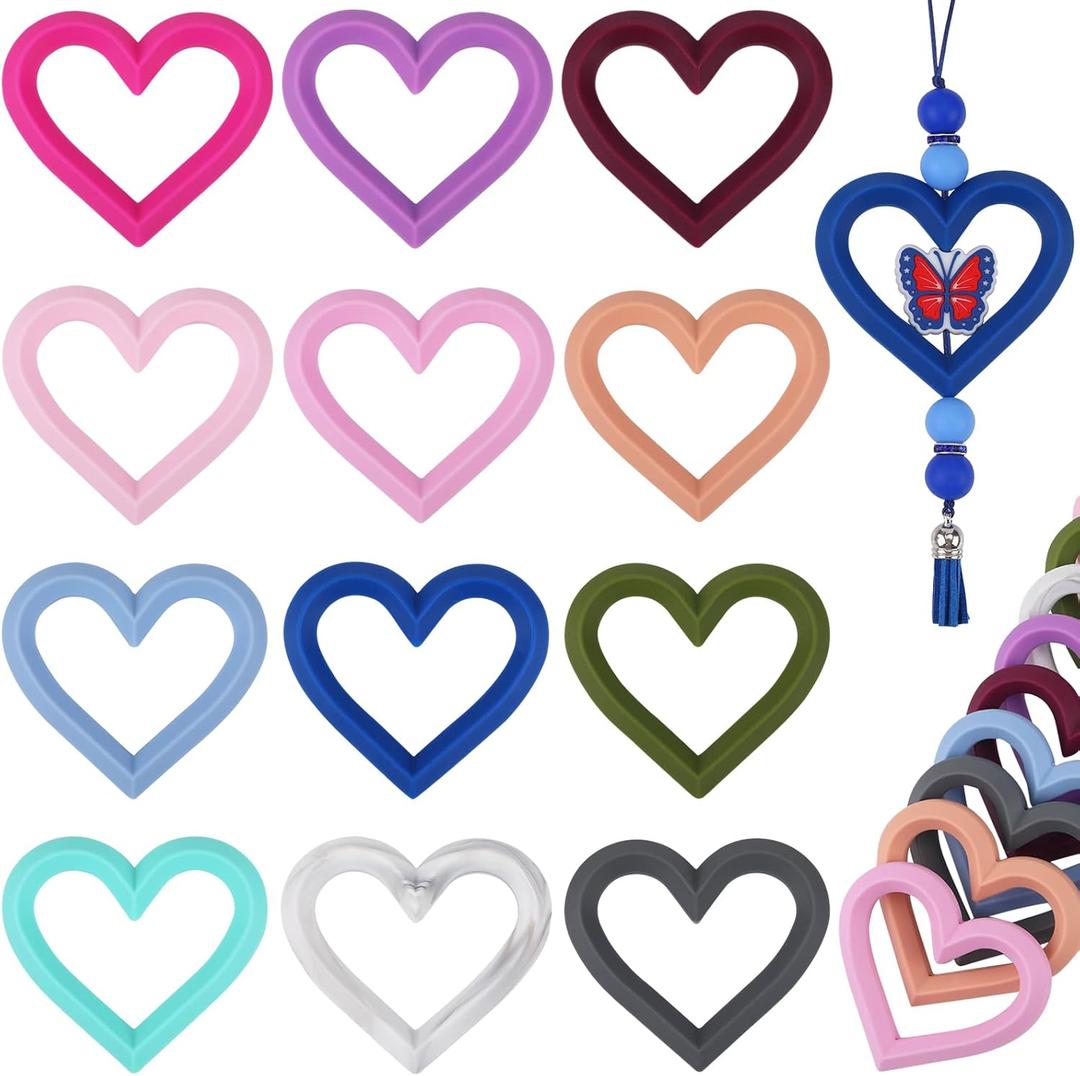 12 Pieces Silicone Ring Bead Silicone Beadable O Rings 65mm Silicone Ring with 2 Silicone Holes for DIY Keychain Car Charms Jewelry Making Pendants Multi Color Hearts